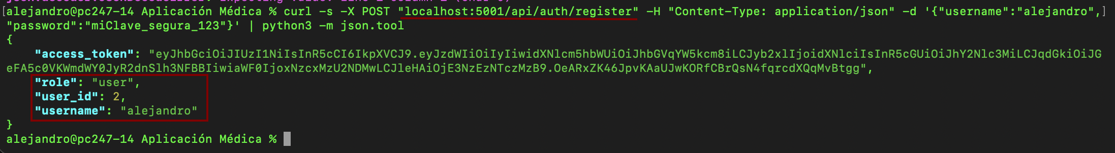 Registro del segundo usuario con rol user